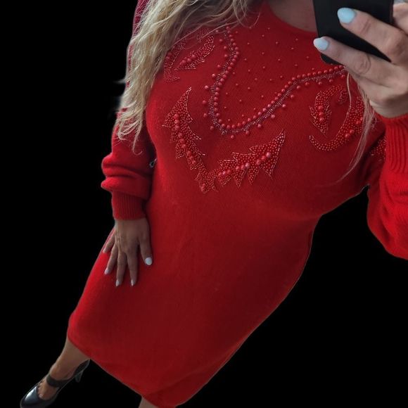 True Vintage  Belldini knit red  long sleeve embelished beaded dress size Medium - Picture 1 of 16